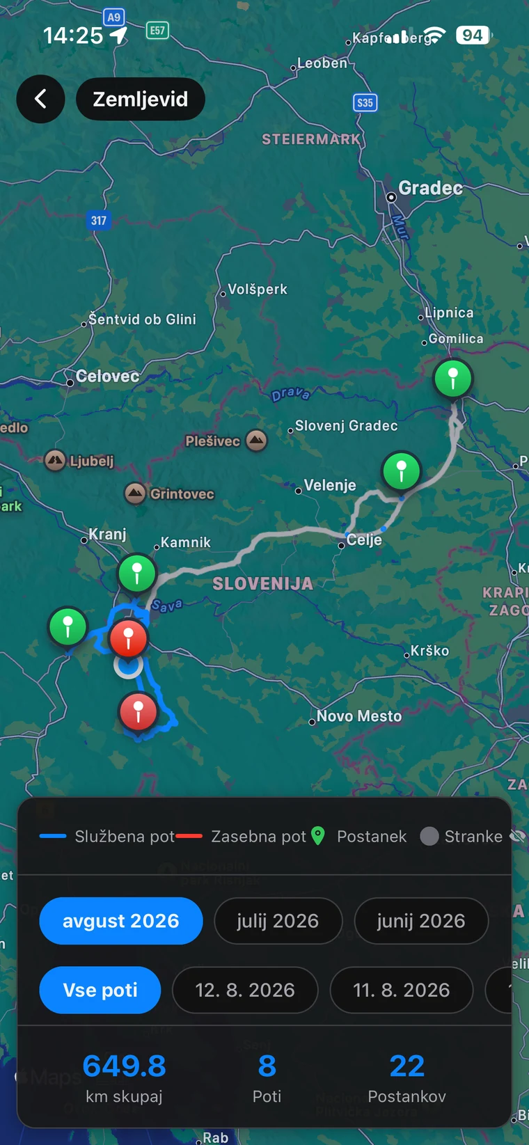 Zemljevid s prevoženimi potmi in označenimi postanki