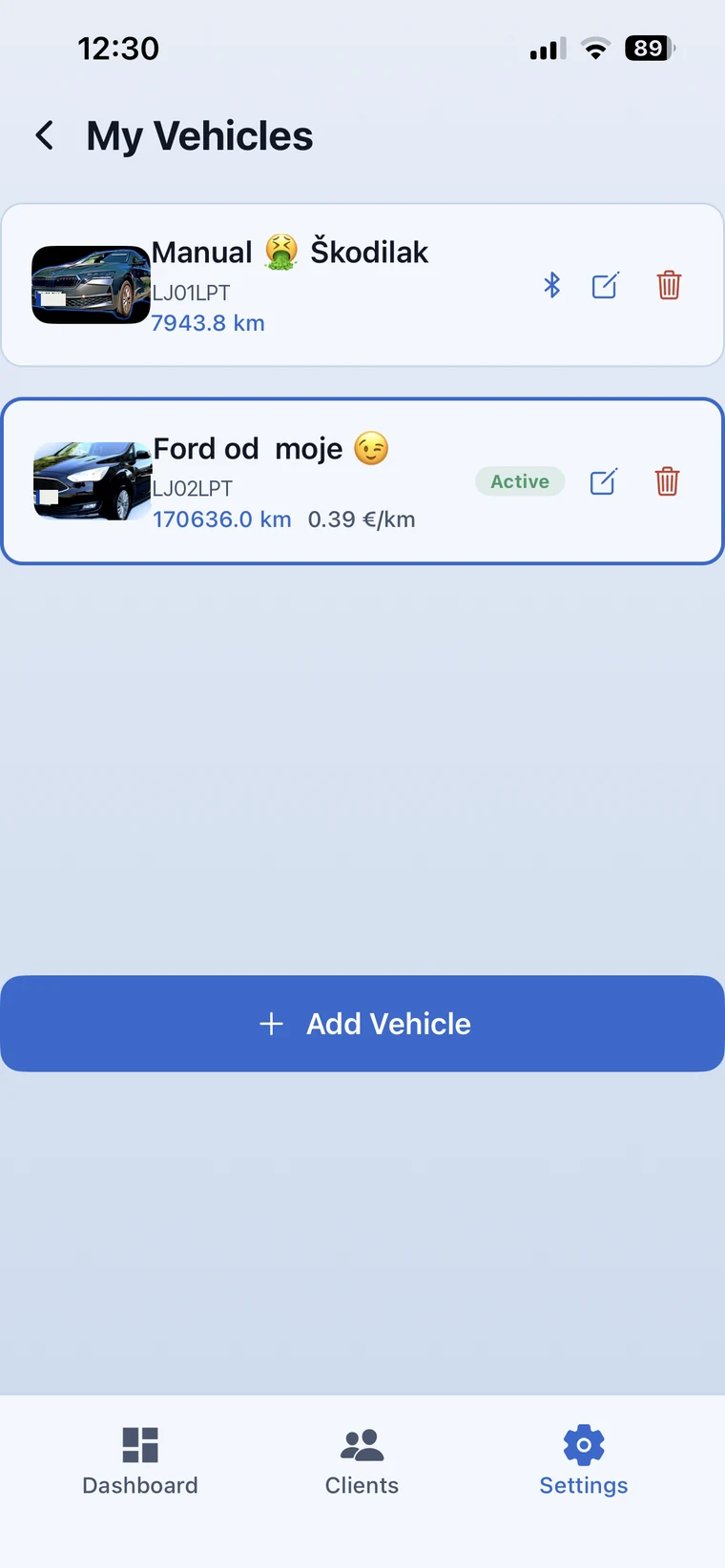 Vehicle list with photos, registration and odometer readings
