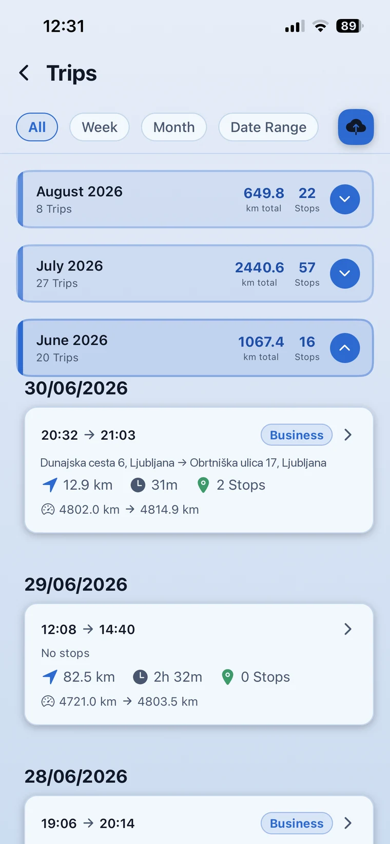 List of recorded trips with distance, duration and number of stops