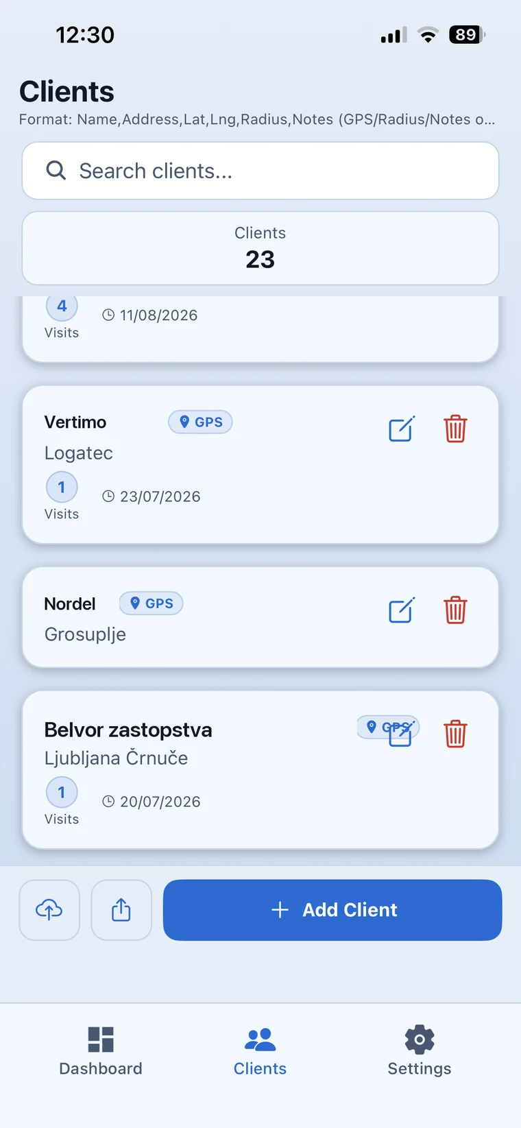 Client list with visit counts and last visit dates