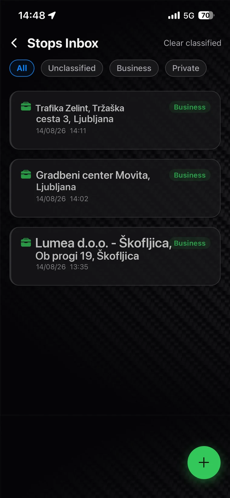 Stops inbox with three detected stops waiting to be classified as business or private