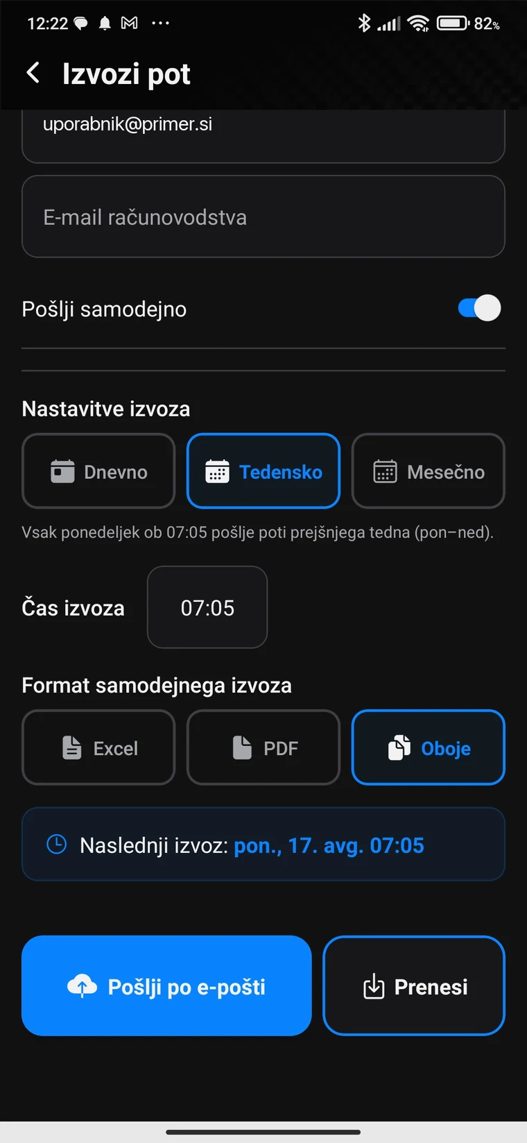 Nastavitve samodejnega izvoza: tedensko, ob 07.05, v obliki Excel in PDF