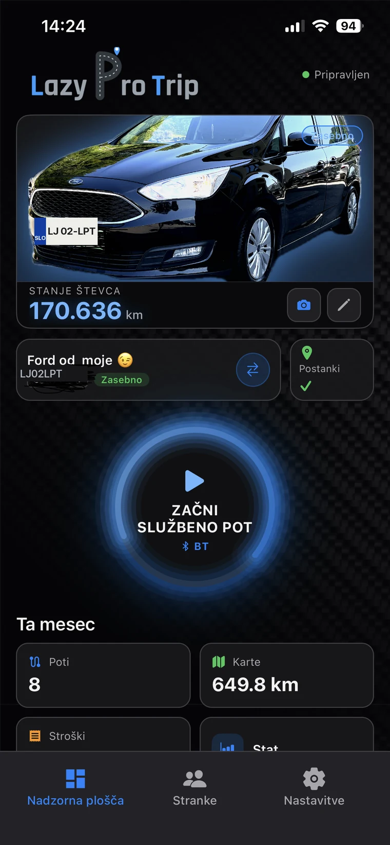 Nadzorna plošča Lazy Pro Trip z vozilom in gumbom za začetek službene poti