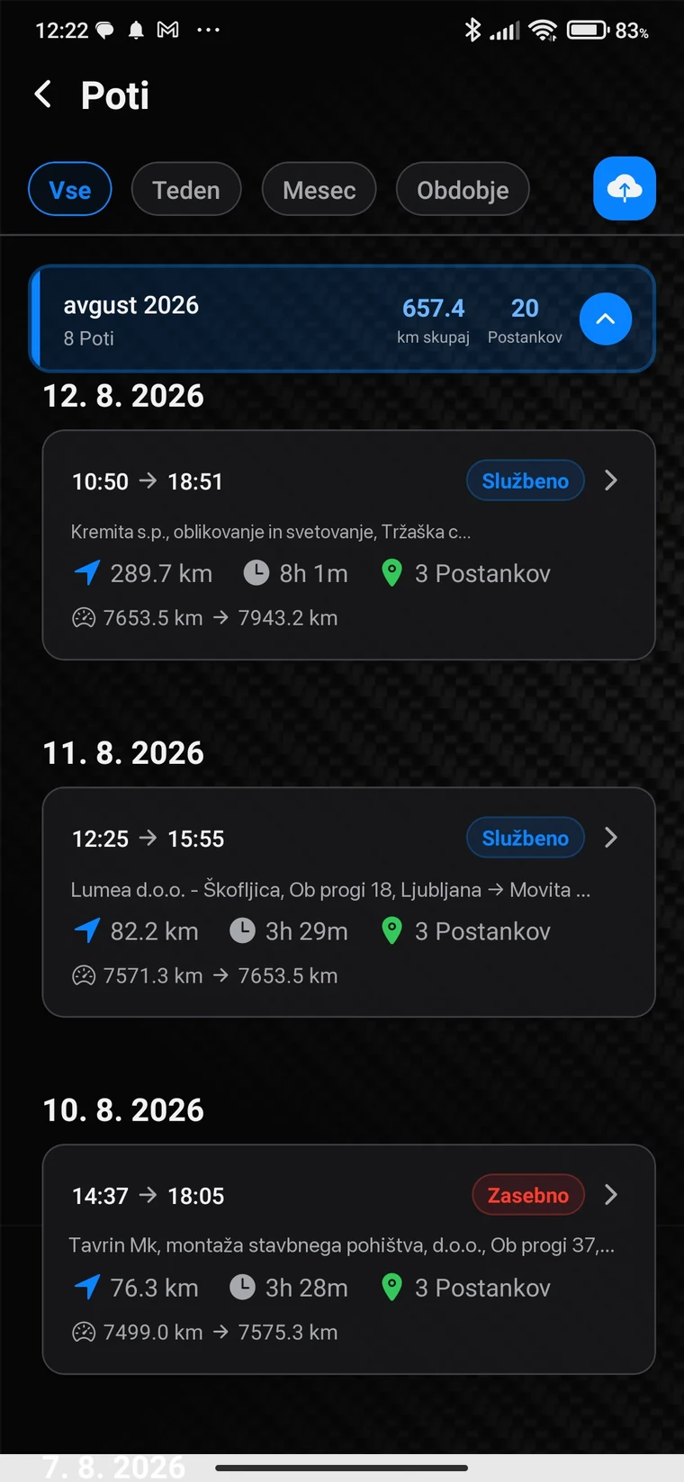 Seznam zapisanih poti s kilometri, trajanjem in številom postankov