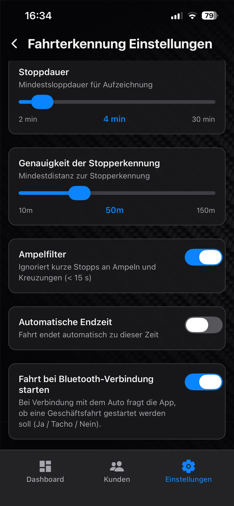 Einstellungen der Fahrterkennung mit Stoppdauer, Mindestdistanz und Ampelfilter
