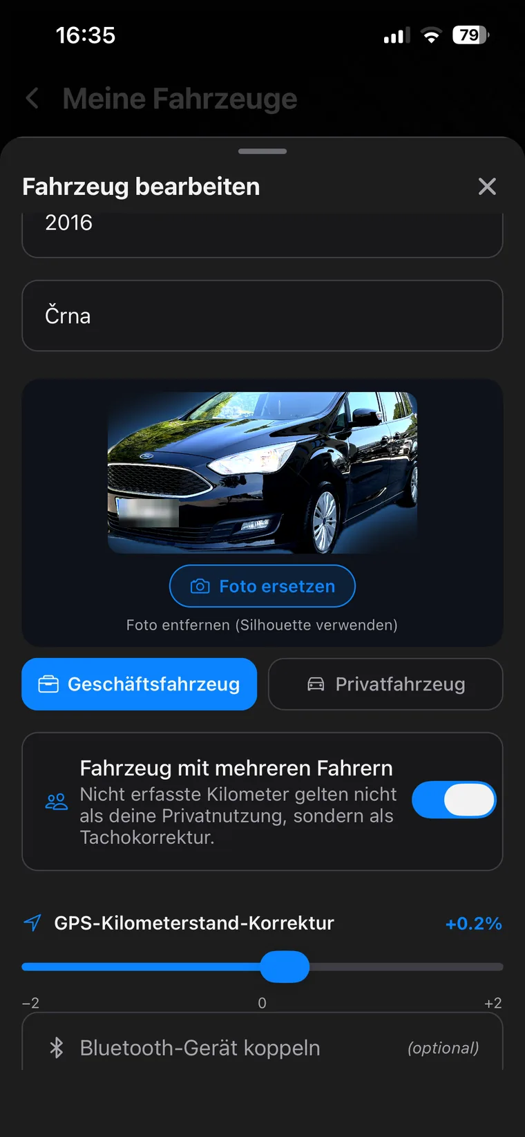 Fahrzeug bearbeiten mit Foto, Fahrzeugart und der GPS-Kilometerstand-Korrektur