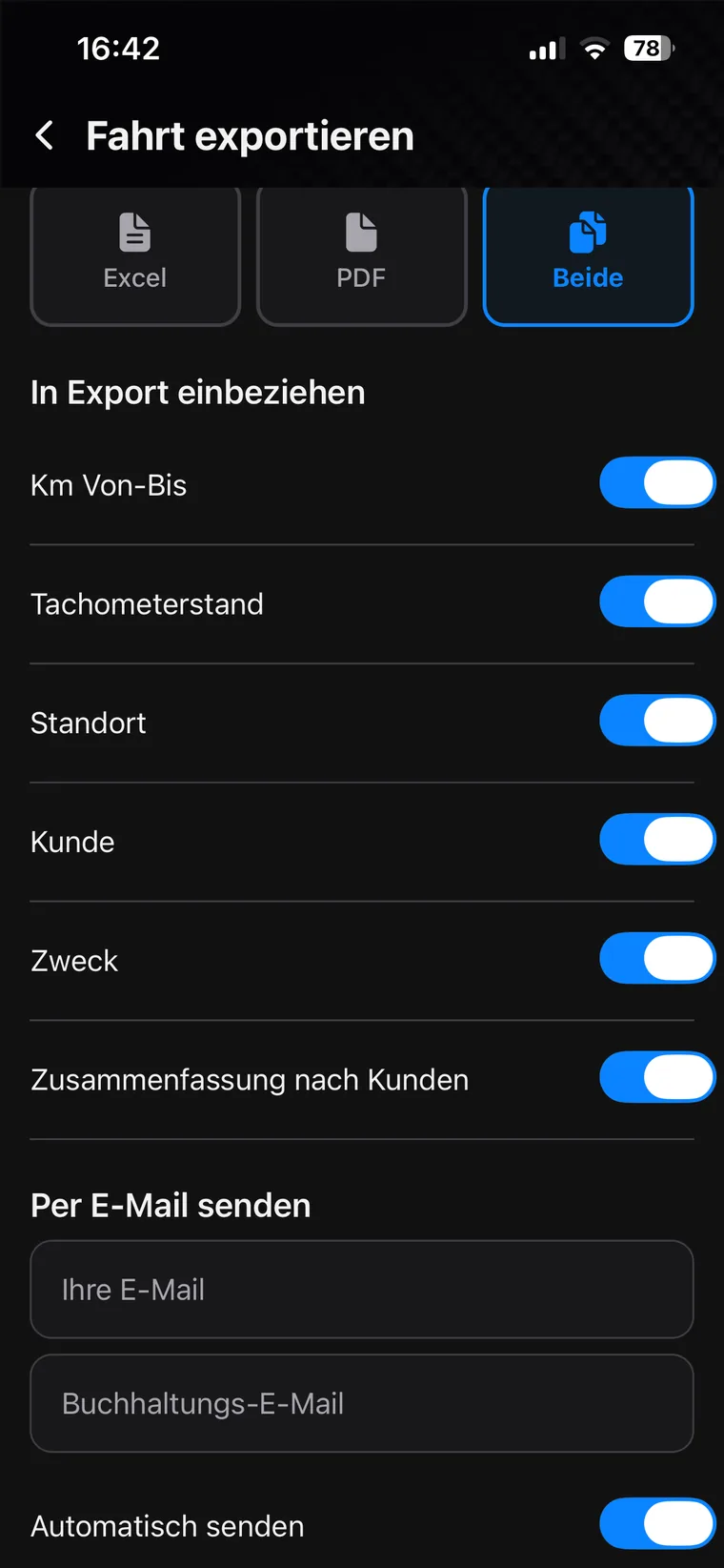 Export einer Fahrt: Excel, PDF oder beides, mit auswählbaren Angaben