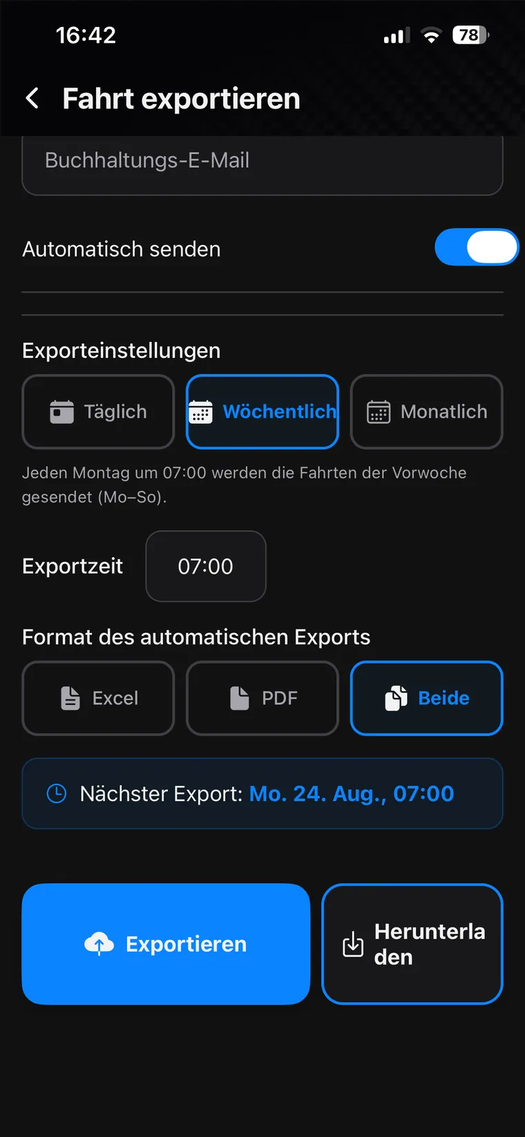 Automatischer Export mit Zeitplan, Uhrzeit und dem Datum des nächsten Versands