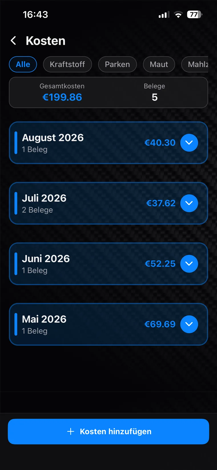 Kostenübersicht mit Gesamtsumme, Belegen und Aufteilung nach Monaten
