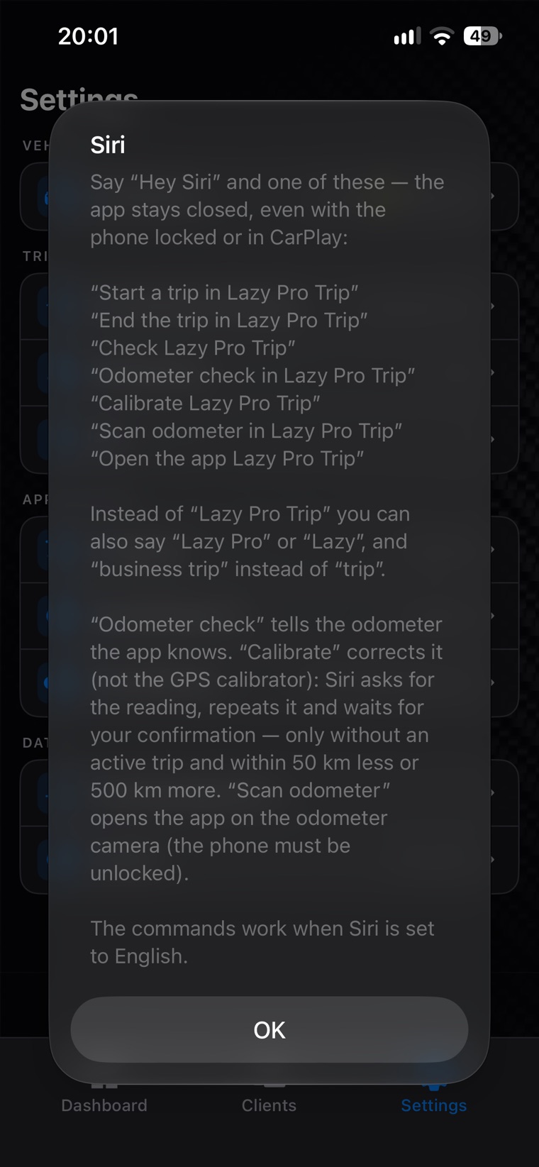 Lazy Pro Trip settings listing the Siri commands in English