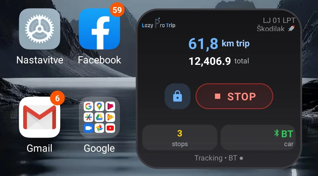 Lazy Pro Trip widget on an Android home screen during a trip: distance, odometer, stops and the Stop button