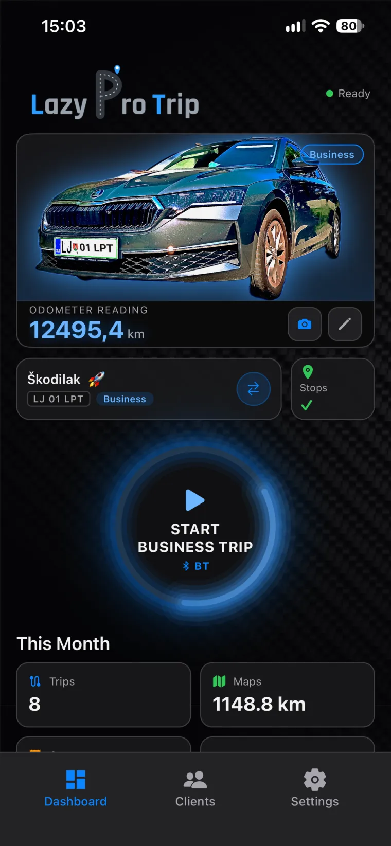 Lazy Pro Trip dashboard with the vehicle, odometer reading and the button to start a business trip