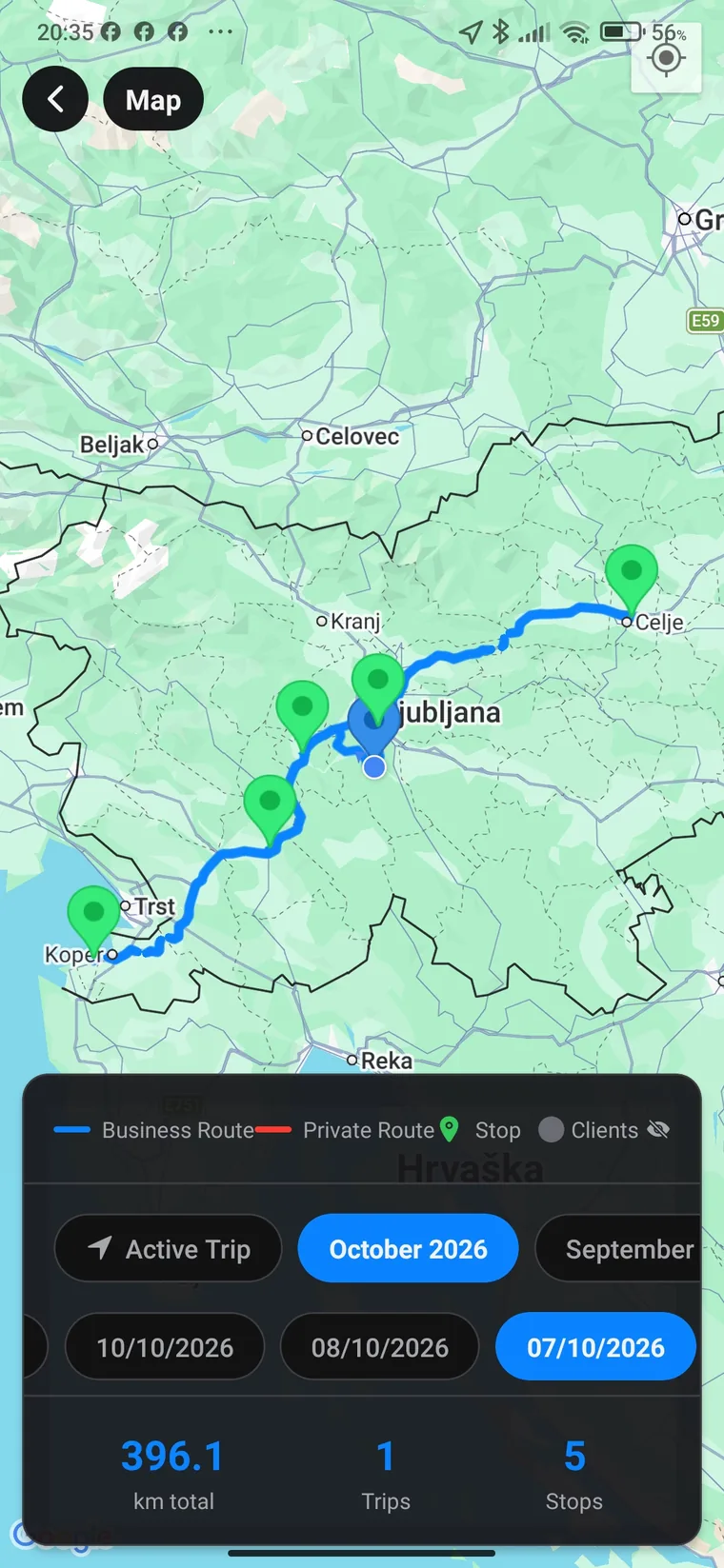 Map with a business route from Koper through Ljubljana to Celje and marked stops